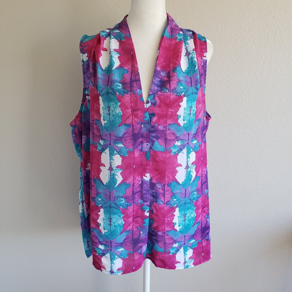 Laundry by Shelli Segal Blouse V-Neck Sleeveless Bright Artsy Hi-Lo Hem XL XXL